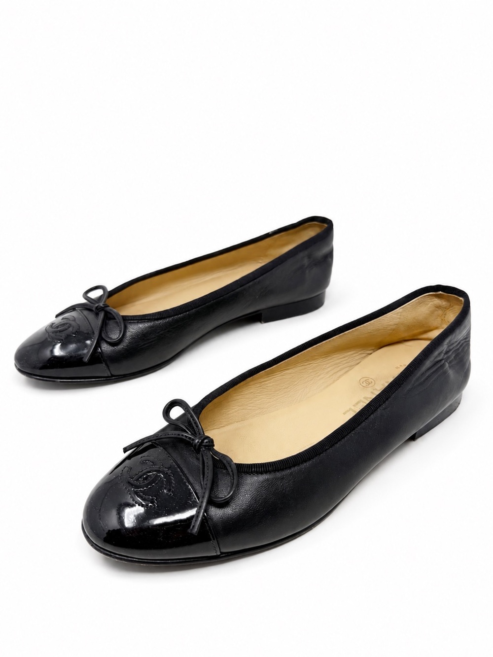 Chanel CC Cap Toe Leather Ballet Flats Black Womens EU 37.5